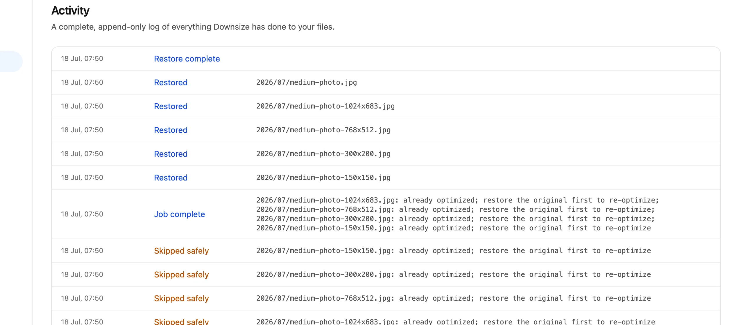 The activity log showing scans, optimizations, backups, and restores with timestamps.