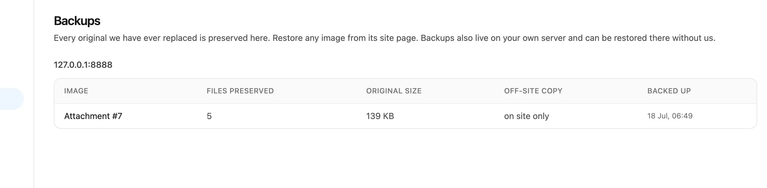The backups browser listing preserved originals with their sizes and off-site copy status.