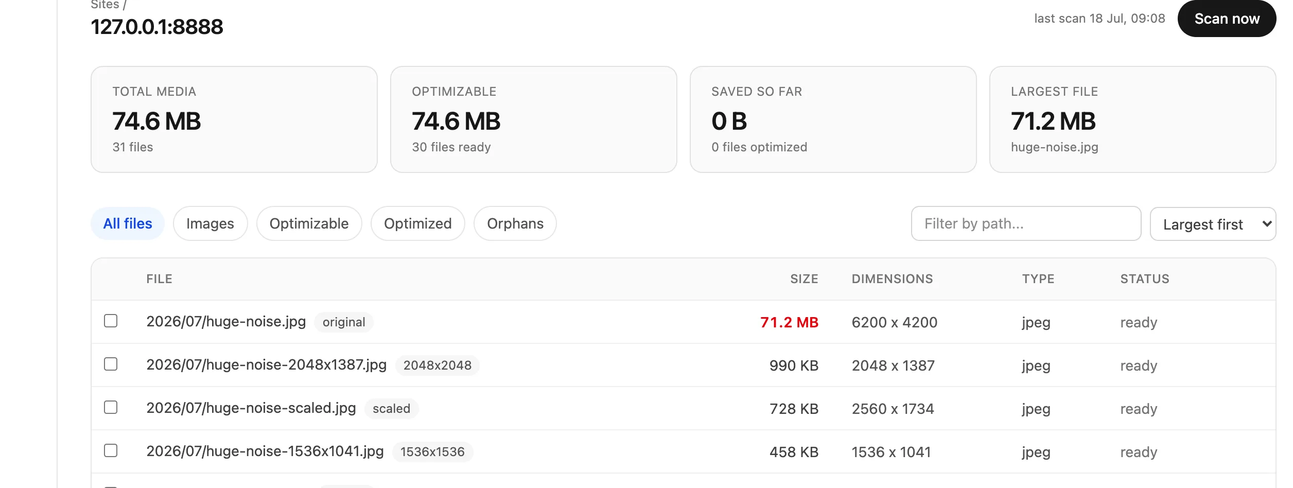 Site overview with total images, optimizable bytes, savings so far, and the largest image, above the image list.